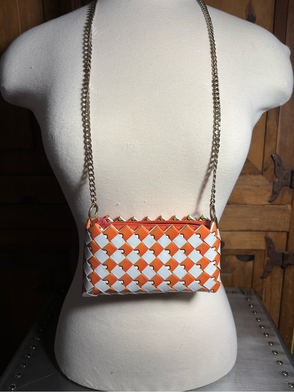 Vintage Recycled wrapper Orange and White Woven Crossbody with Gold Chain